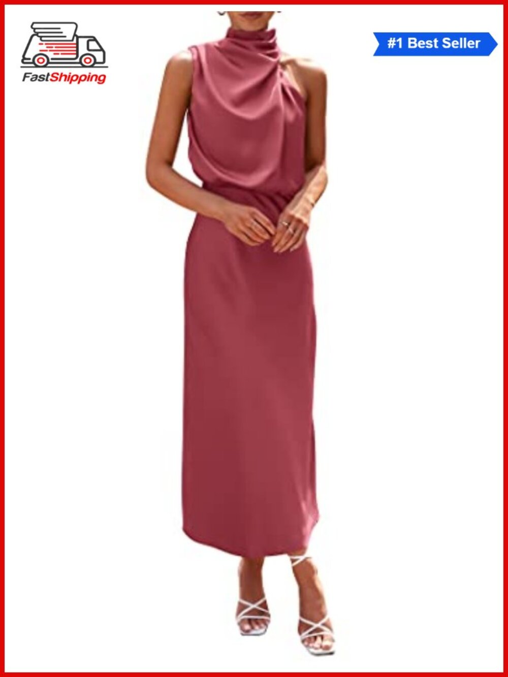 Women Satin Maxi Dress Sleeveless Mock Neck High Waist Swing Cocktail Formal